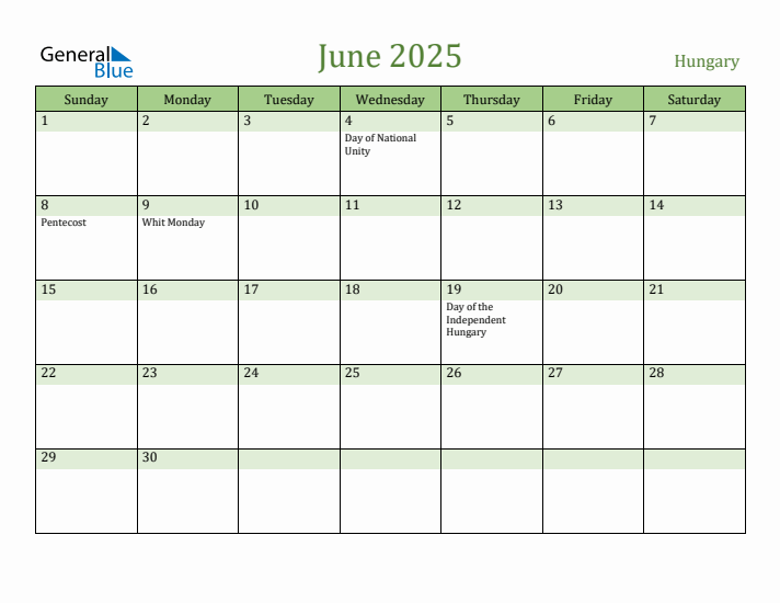 June 2025 Calendar with Hungary Holidays