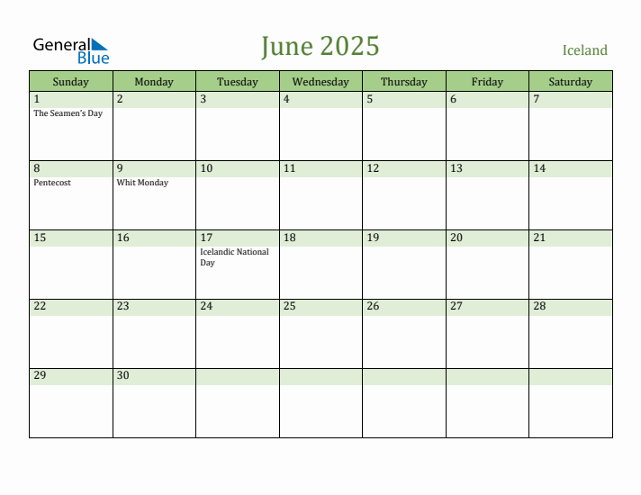June 2025 Calendar with Iceland Holidays