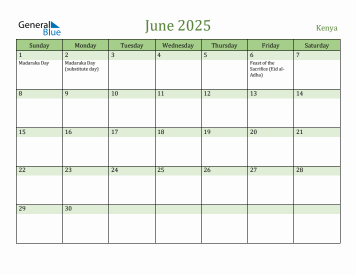 June 2025 Calendar with Kenya Holidays