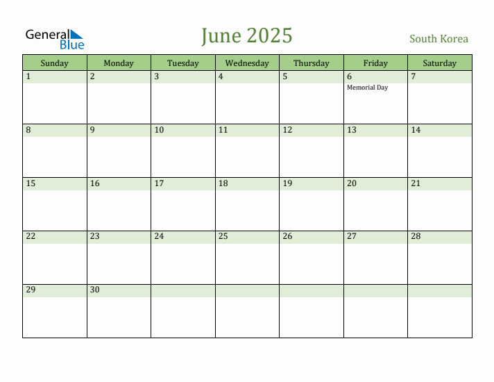 June 2025 Calendar with South Korea Holidays