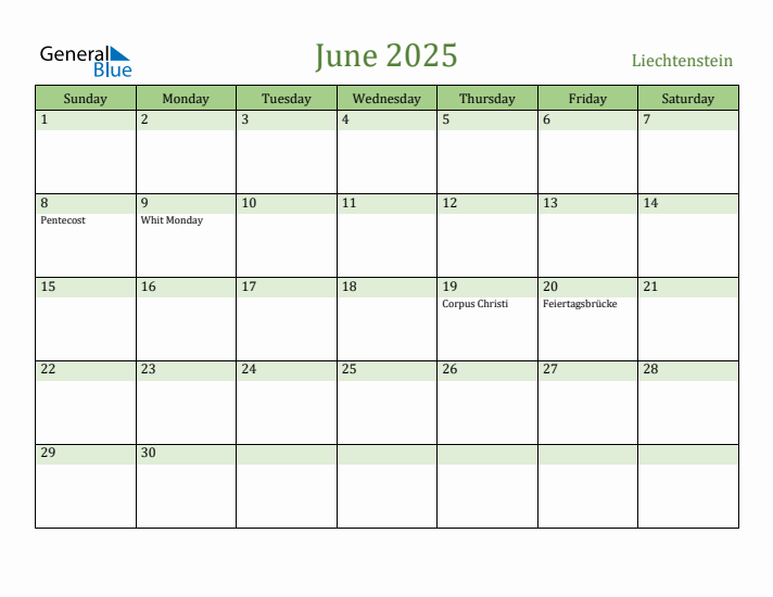 June 2025 Calendar with Liechtenstein Holidays