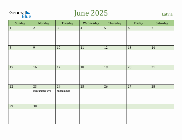 June 2025 Calendar with Latvia Holidays