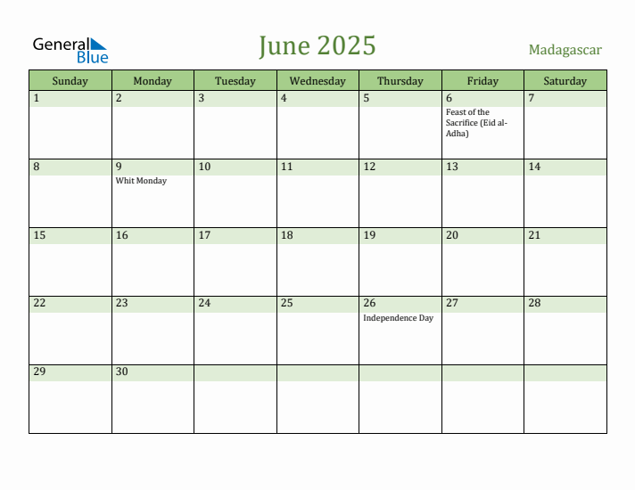 June 2025 Calendar with Madagascar Holidays