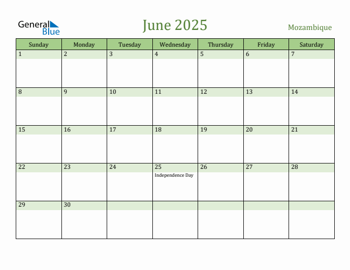 June 2025 Calendar with Mozambique Holidays