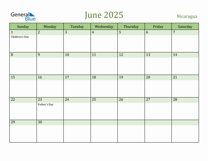 June 2025 Calendar with Nicaragua Holidays