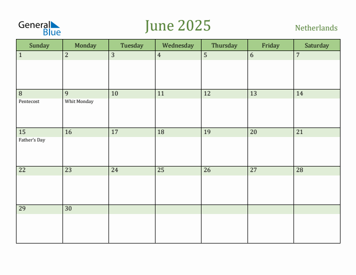 June 2025 Calendar with The Netherlands Holidays