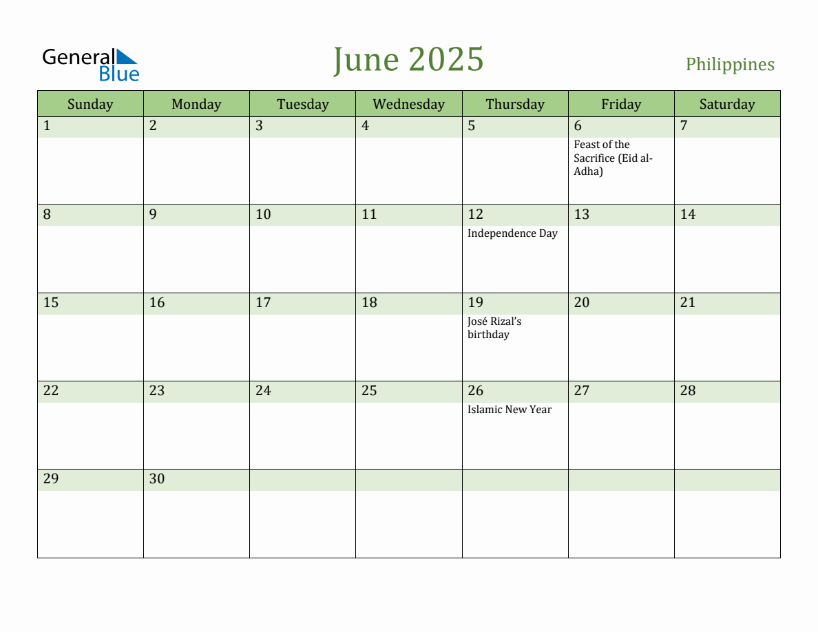 Fillable Holiday Calendar for Philippines June 2025