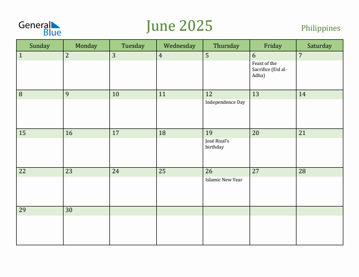 Fillable Holiday Calendar for Philippines June 2025