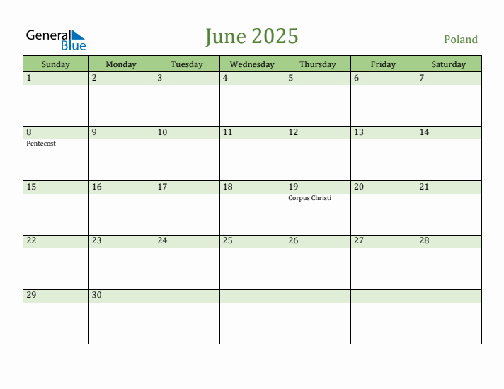 June 2025 Calendar with Poland Holidays