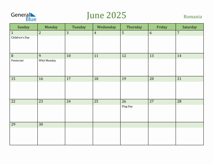 June 2025 Calendar with Romania Holidays
