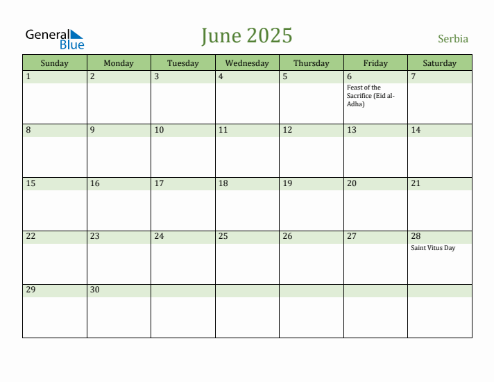 June 2025 Calendar with Serbia Holidays