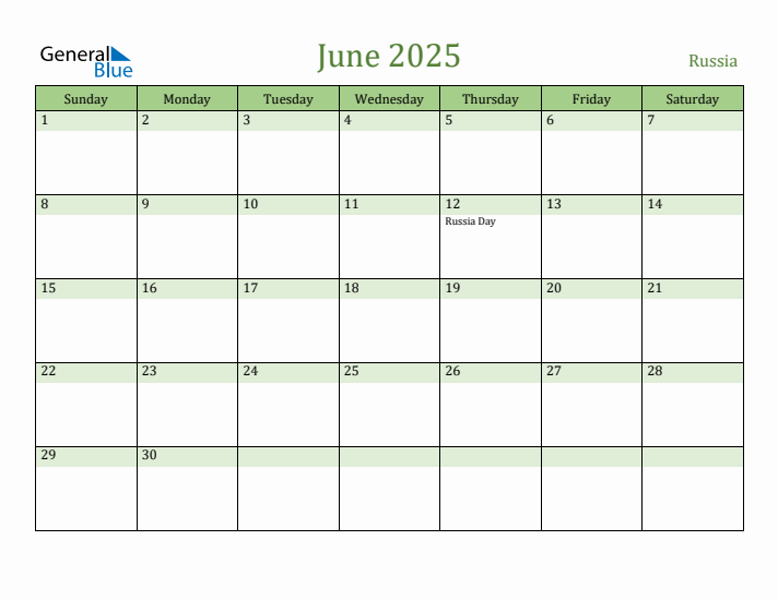 June 2025 Calendar with Russia Holidays