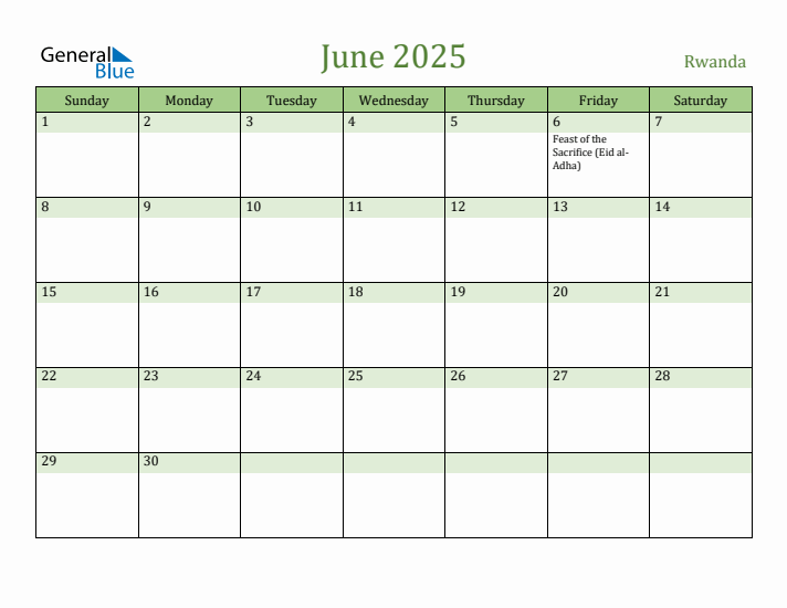 June 2025 Calendar with Rwanda Holidays