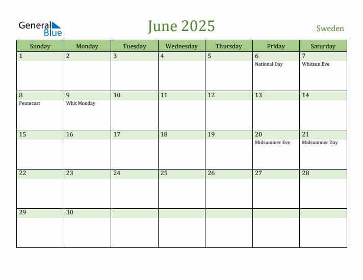 June 2025 Calendar with Sweden Holidays