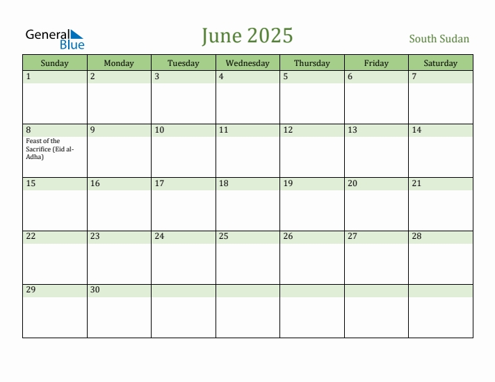 June 2025 Calendar with South Sudan Holidays