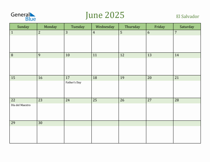 June 2025 Calendar with El Salvador Holidays