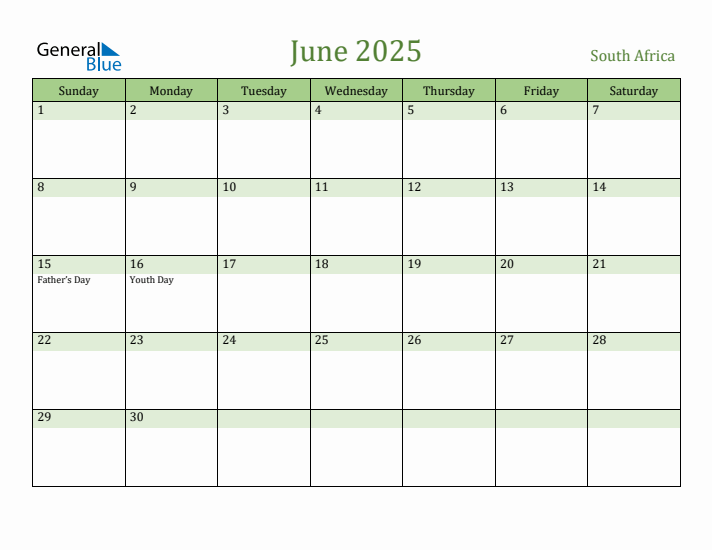 Fillable Holiday Calendar for South Africa June 2025