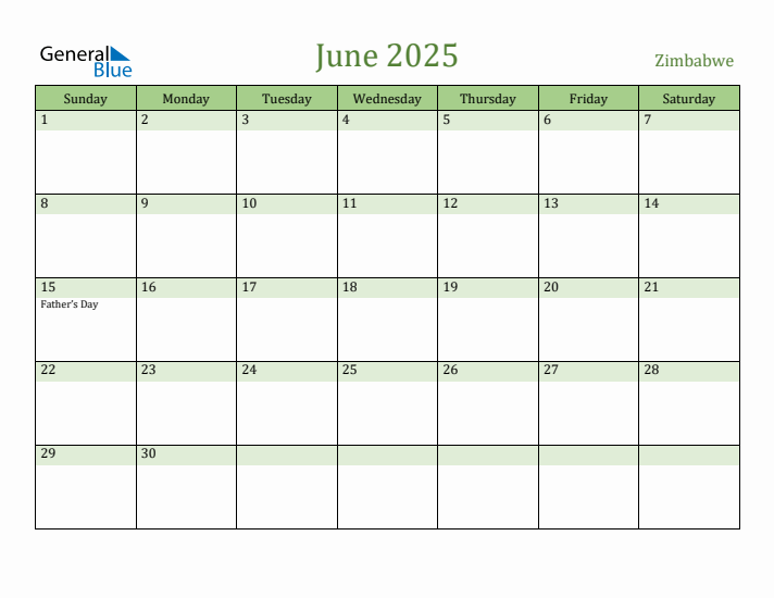 June 2025 Calendar with Zimbabwe Holidays
