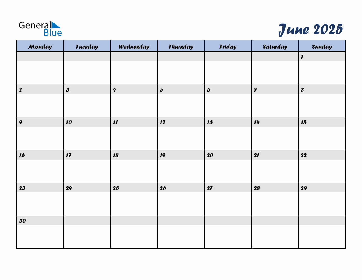 Free June 2025 Monthly Editable Calendar, starting on Monday