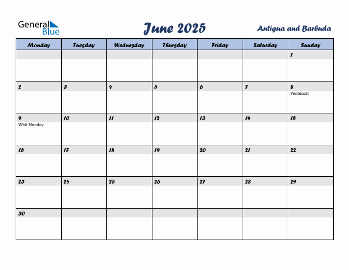 June 2025 Calendar with Holidays in Antigua and Barbuda