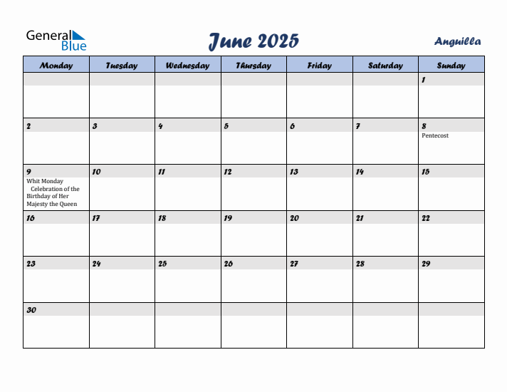 June 2025 Calendar with Holidays in Anguilla
