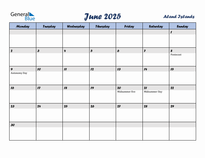 June 2025 Calendar with Holidays in Aland Islands