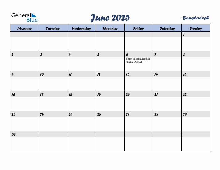 June 2025 Calendar with Holidays in Bangladesh