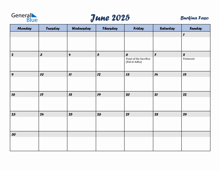 June 2025 Calendar with Holidays in Burkina Faso