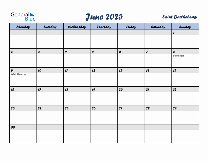 June 2025 Calendar with Holidays in Saint Barthelemy