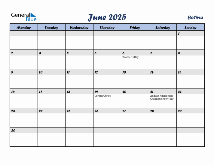 June 2025 Calendar with Holidays in Bolivia