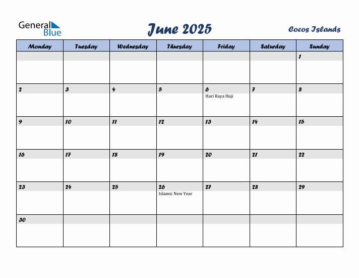 June 2025 Calendar with Holidays in Cocos Islands