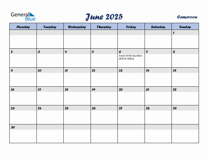 June 2025 Calendar with Holidays in Cameroon
