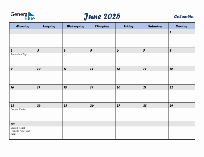 June 2025 Calendar with Holidays in Colombia