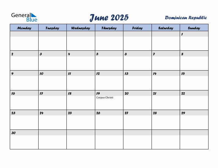 June 2025 Calendar with Holidays in Dominican Republic