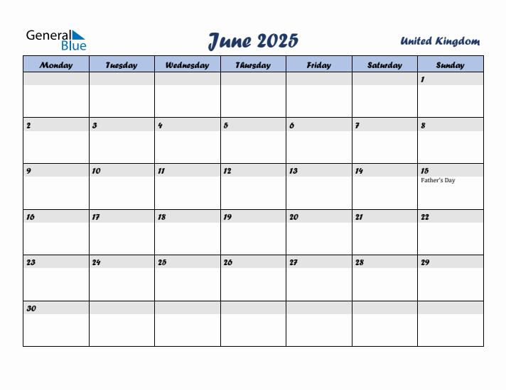 June 2025 Calendar with Holidays in United Kingdom