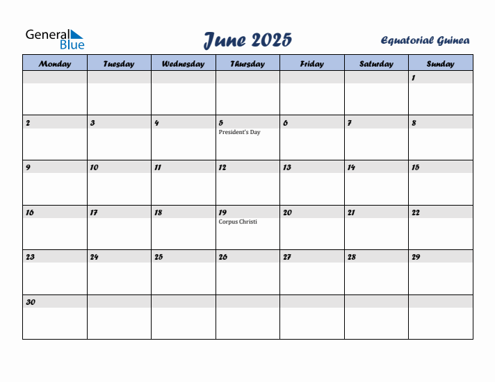 June 2025 Calendar with Holidays in Equatorial Guinea