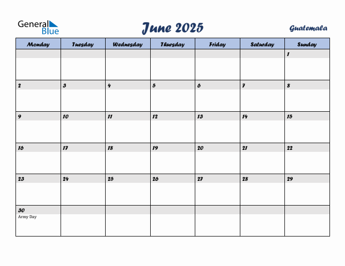 June 2025 Calendar with Holidays in Guatemala
