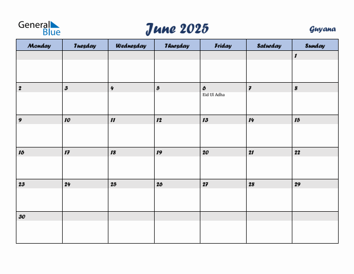 June 2025 Calendar with Holidays in Guyana