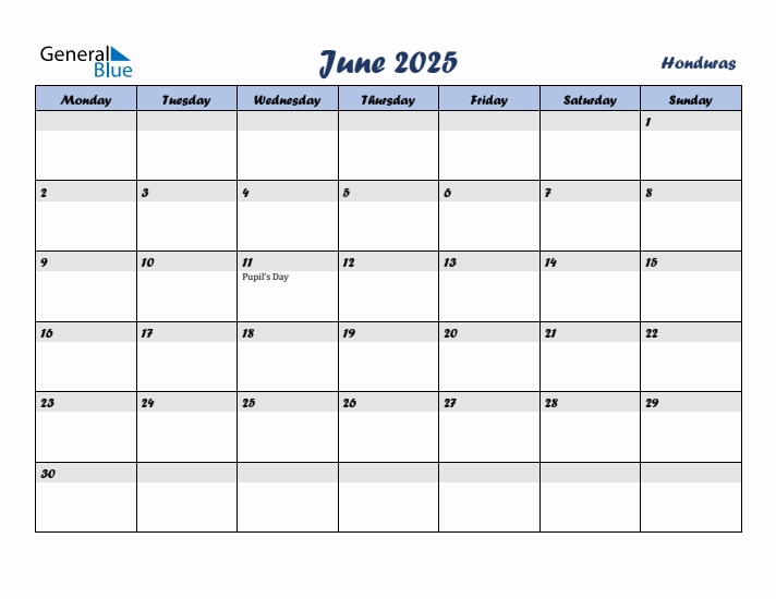 June 2025 Calendar with Holidays in Honduras