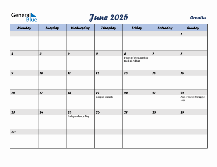 June 2025 Calendar with Holidays in Croatia