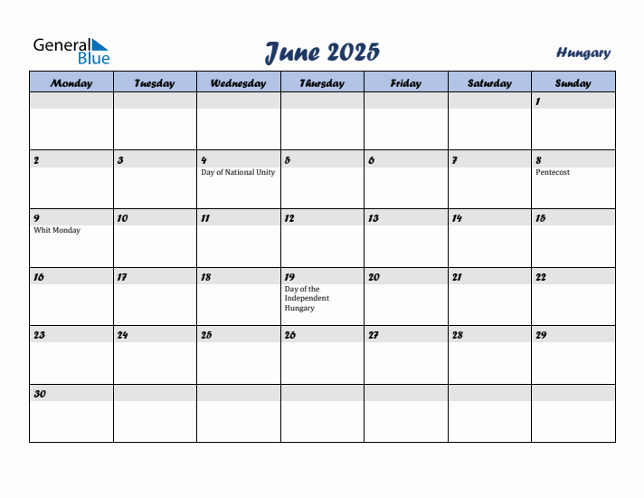 June 2025 Calendar with Holidays in Hungary
