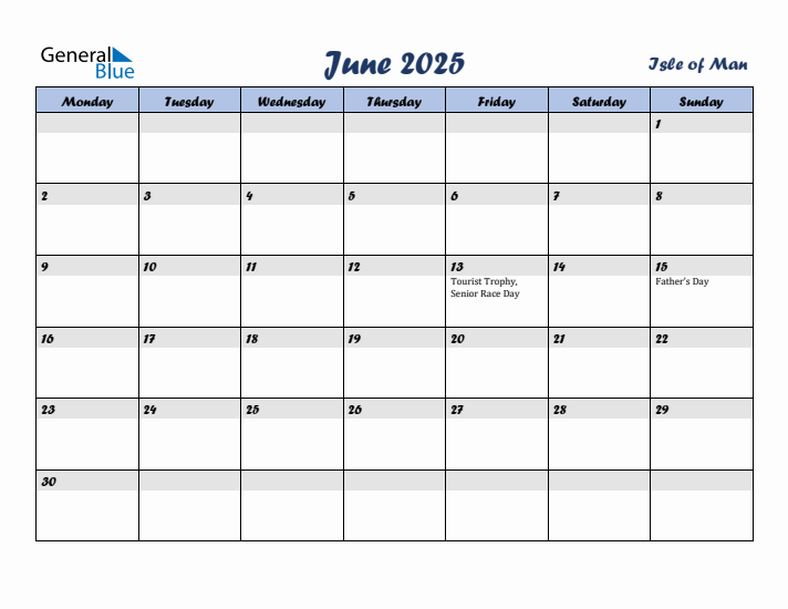 June 2025 Calendar with Holidays in Isle of Man