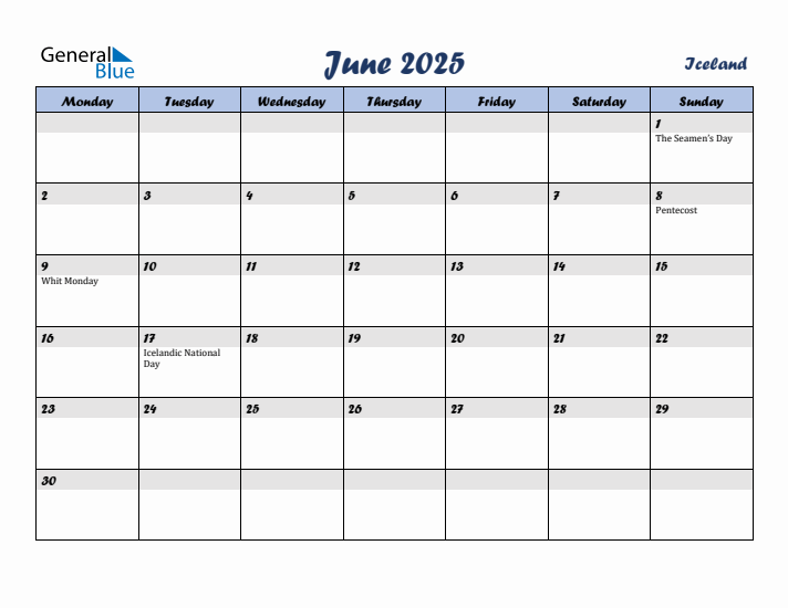 June 2025 Calendar with Holidays in Iceland