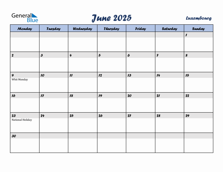 June 2025 Calendar with Holidays in Luxembourg
