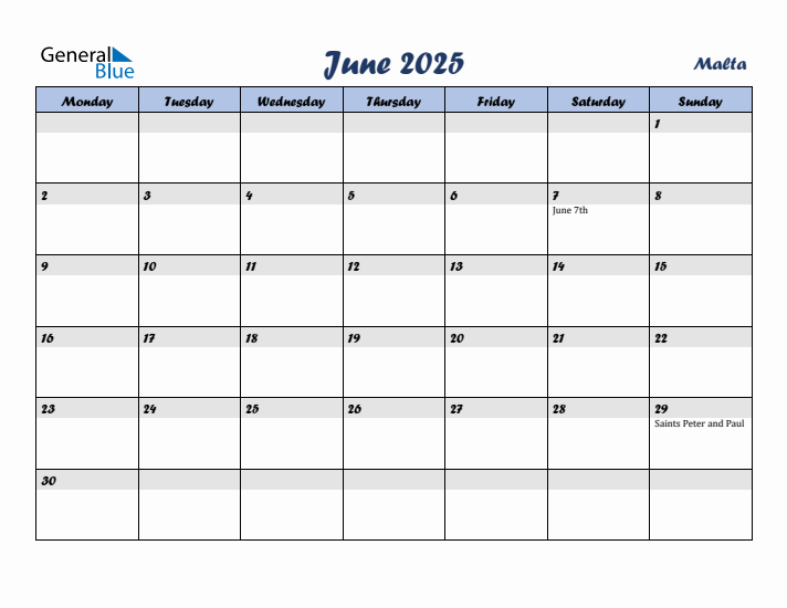 June 2025 Calendar with Holidays in Malta