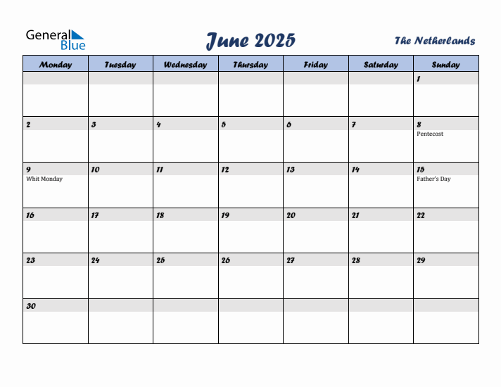 June 2025 Calendar with Holidays in The Netherlands