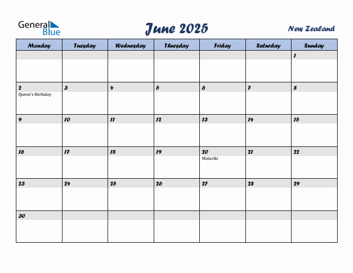 June 2025 Calendar with Holidays in New Zealand