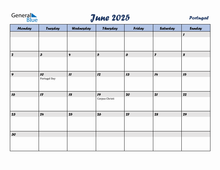 June 2025 Calendar with Holidays in Portugal