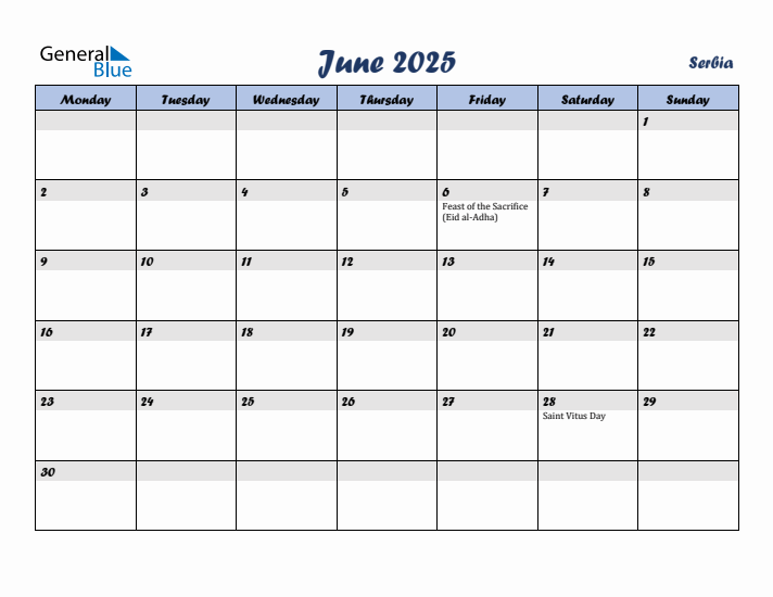 June 2025 Calendar with Holidays in Serbia
