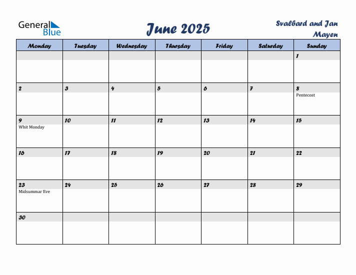June 2025 Calendar with Holidays in Svalbard and Jan Mayen